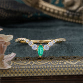 2 Prong Marquise & Round Cut Emerald Curved Wedding Band Stacking Ring